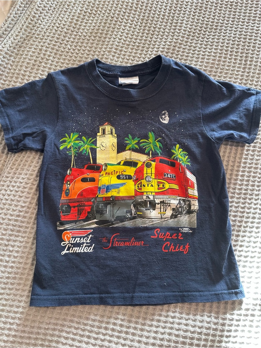 Port and Company Navy Tee with Red, Yellow & Orange Train Graphic